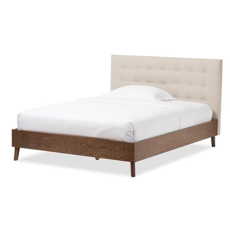 Baxton Studio Alinia Beige Upholstered Walnut Wood Queen Size Platform Bed 123-6829